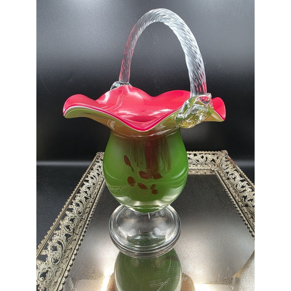 Murano Style Blown Glass Venetian‎ Basket Red Green Watermelon 10.5" Tall